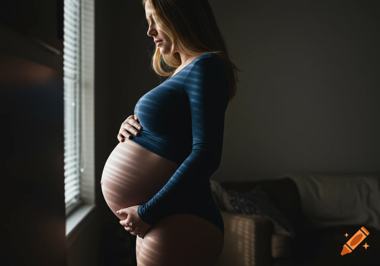 A pregnant woman in a navy blue bodysuit stands by a window, looking down at her belly. Photorealistic.