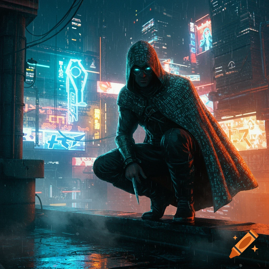 A hooded figure with glowing eyes crouches on a rainy rooftop, illuminated by neon signs in a futuristic cityscape.