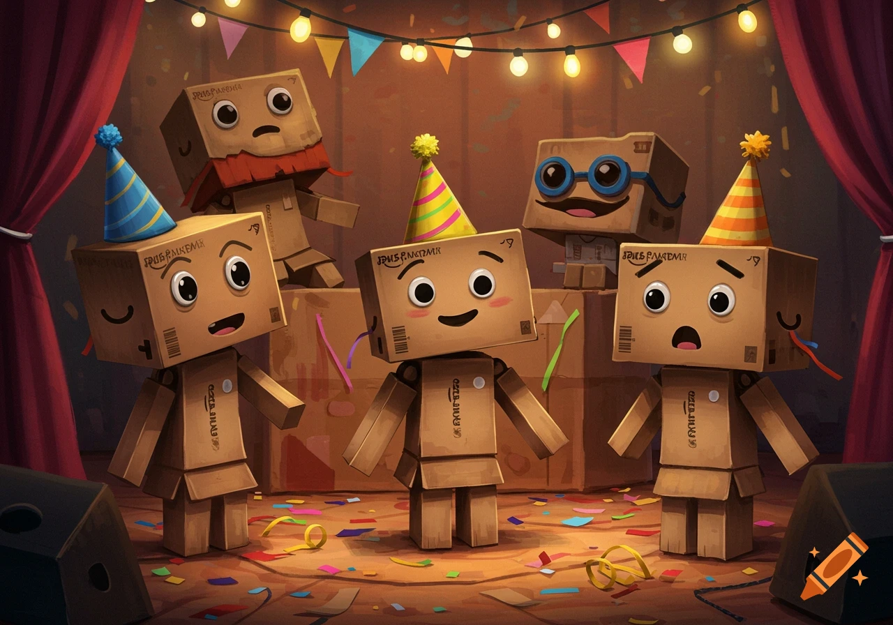 Five cheerful cardboard box puppets wearing colorful party hats stand on a stage with confetti, string lights, and red curtains.