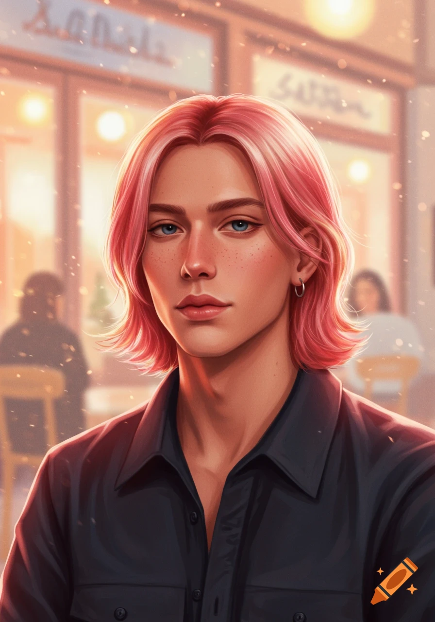 A stylized portrait of a young man with pink hair and blue eyes, wearing a black shirt, in a blurred cafe background.