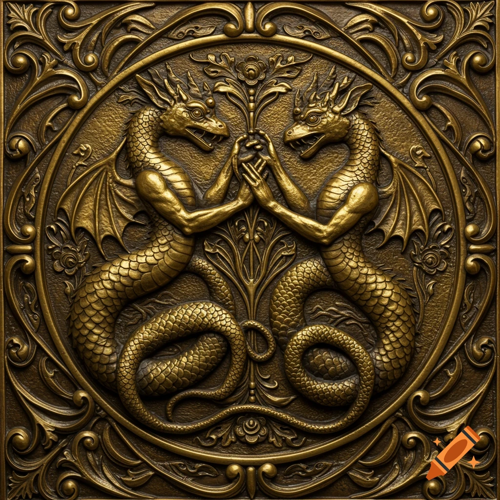 Two ornate golden brass relief dragons facing each other within an intricately carved circular frame.