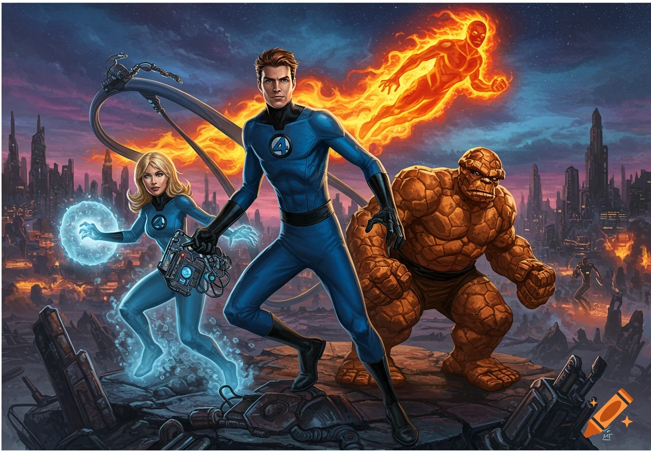 The Fantastic Four, including Mr. Fantastic, Invisible Woman, Human Torch, and The Thing, stand ready in a futuristic city at dusk.