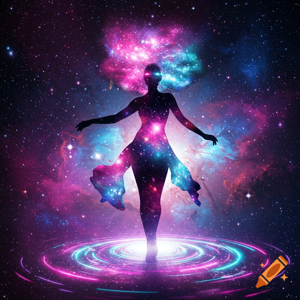 Silhouette of a feminine figure filled with a vibrant galaxy, standing on glowing pink and blue rings against a cosmic background.