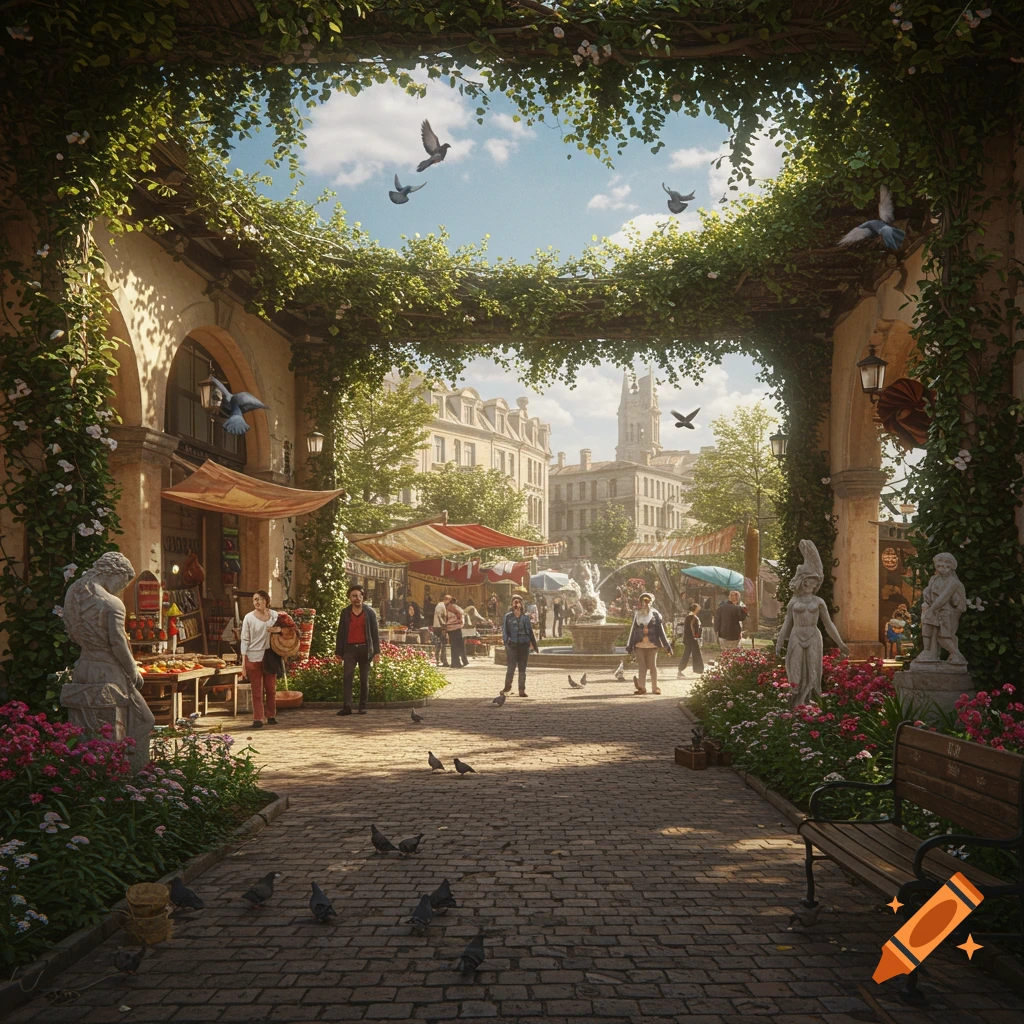 A photorealistic view of a bustling European market square through a vine-covered archway, with people, stalls, and pigeons.