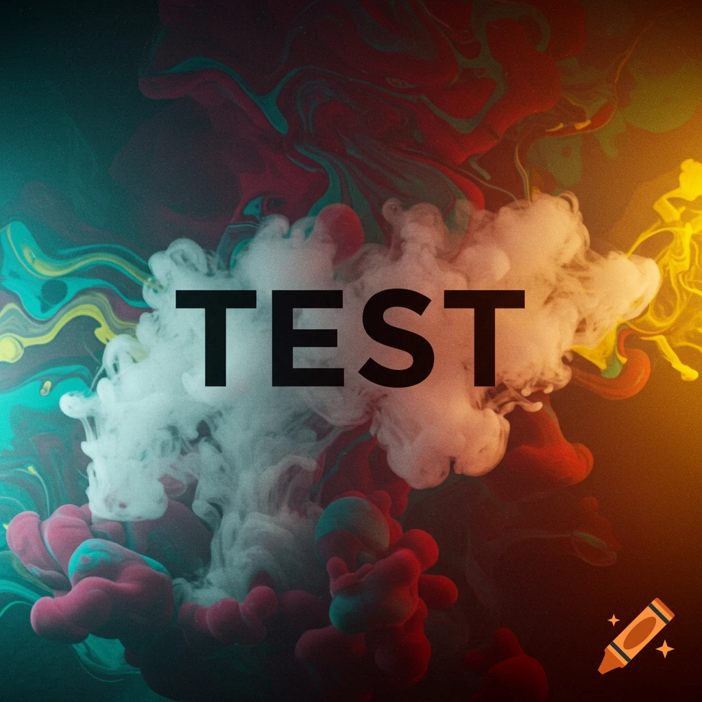 Black text 'TEST' on a background of colorful swirling smoke and ink.