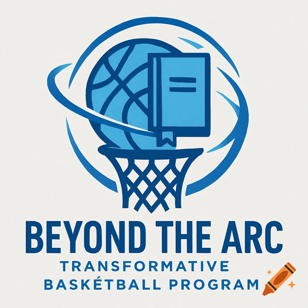 A blue and white logo features a basketball in a hoop with a book next to it, encircled by an arc. Text reads "BEYOND THE ARC" and "TRANSFORMATIVE BASKÉTBAL PROGRAM."