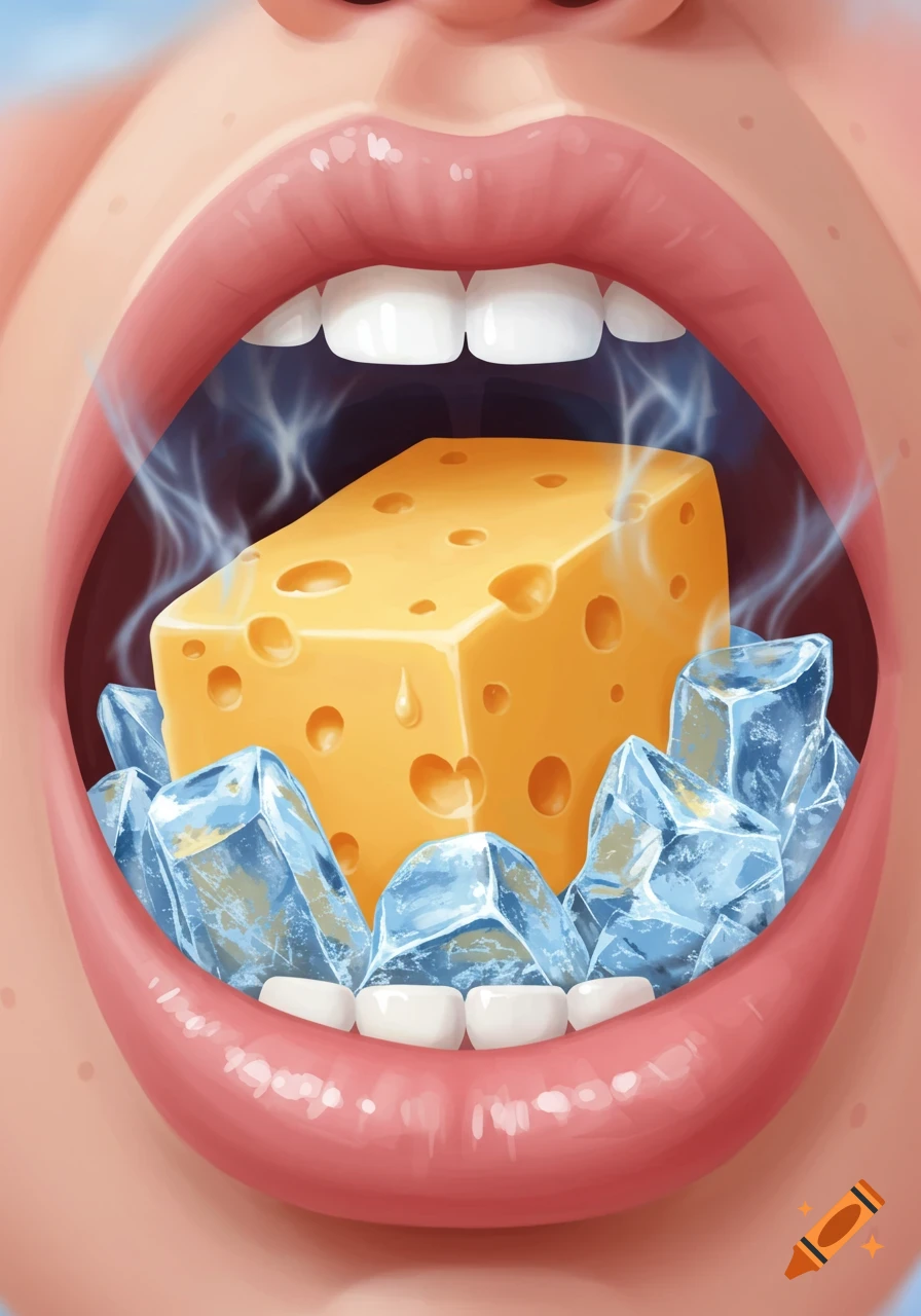 Illustrated close-up of an open mouth containing a block of cheese and ice cubes with cold vapor.