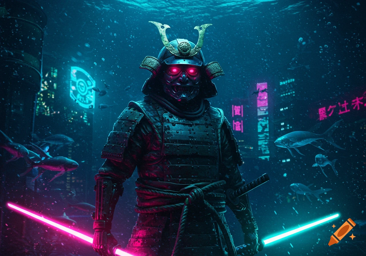 A samurai in a cybernetic suit and mask with glowing red eyes holds a pink and blue lightsaber in a vibrant underwater neon city filled with fish.