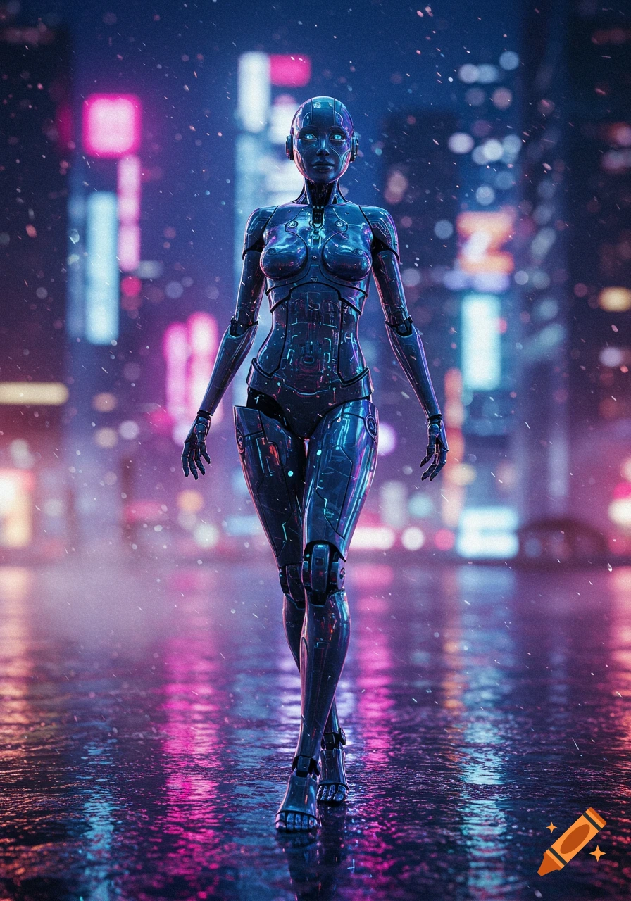 A futuristic robotic female walks on a wet street in a neon-lit cyberpunk city at night.