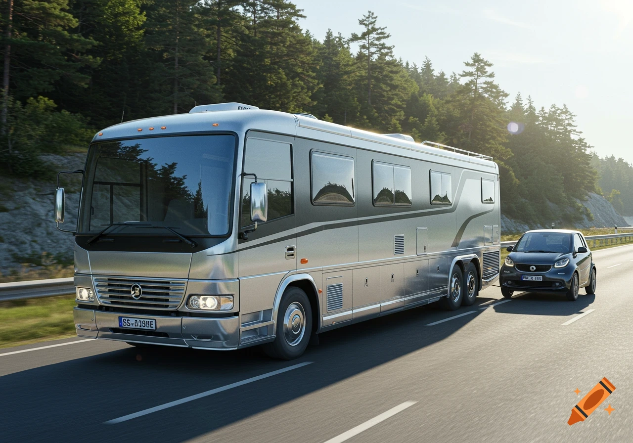 A large silver motorhome tows a black Smart car down a highway alongside a forest under sunlight.