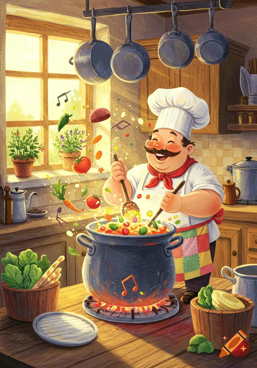 A cheerful chef cooking in a sunlit kitchen, with vegetables and musical notes floating from a large pot, in a whimsical illustration style.