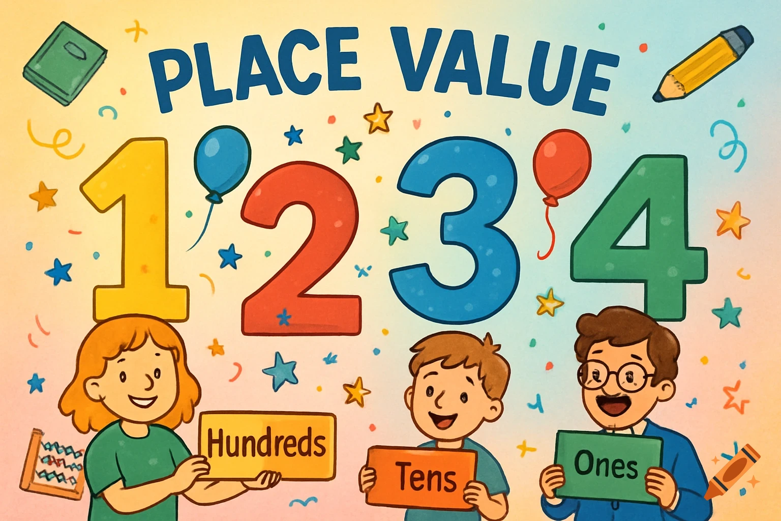 A bright, colorful cartoon poster for children illustrating Place Value with numbers 1, 2, 3, 4 and children holding signs for Hundreds, Tens, and Ones.