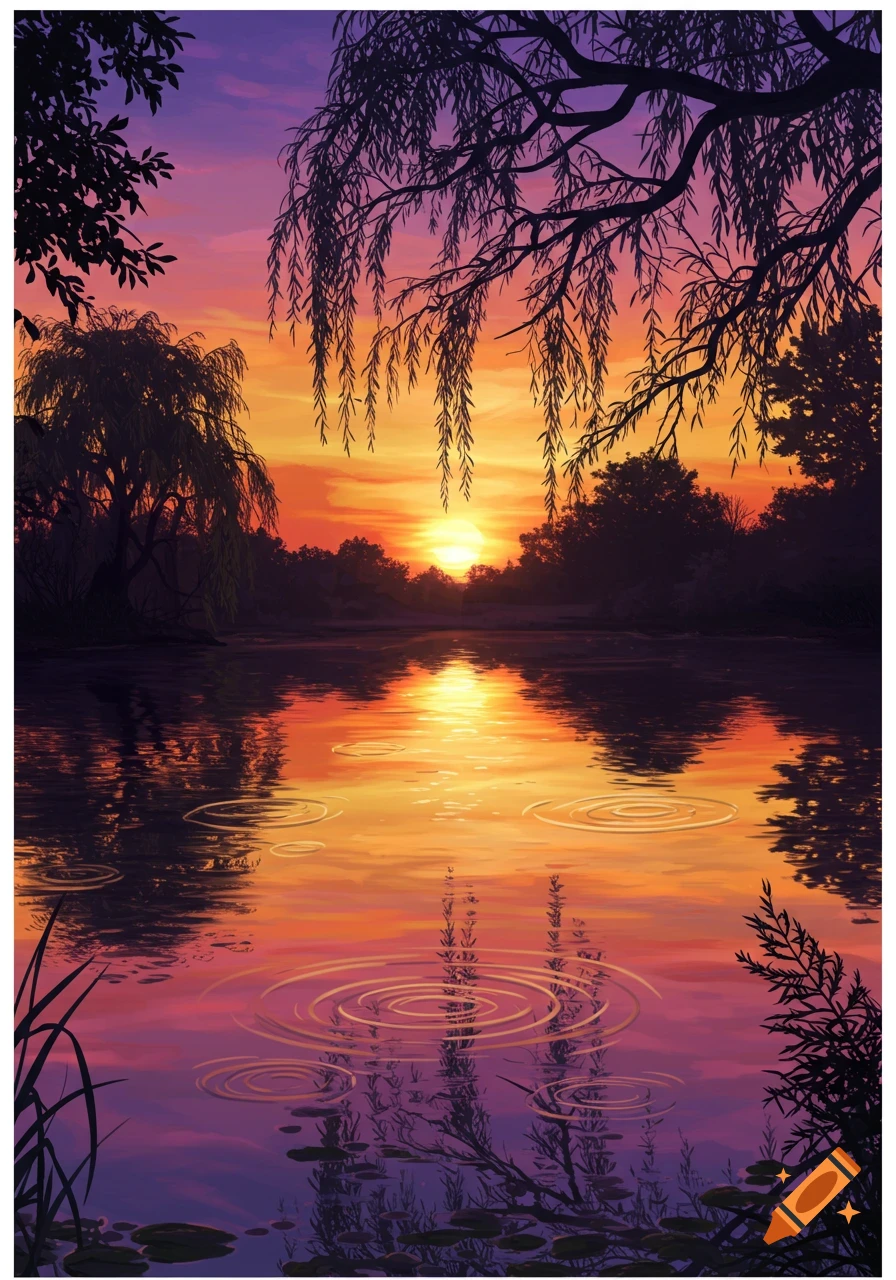 A vibrant sunset over a pond with silhouetted trees and hanging branches, reflecting orange and purple hues on the rippling water.