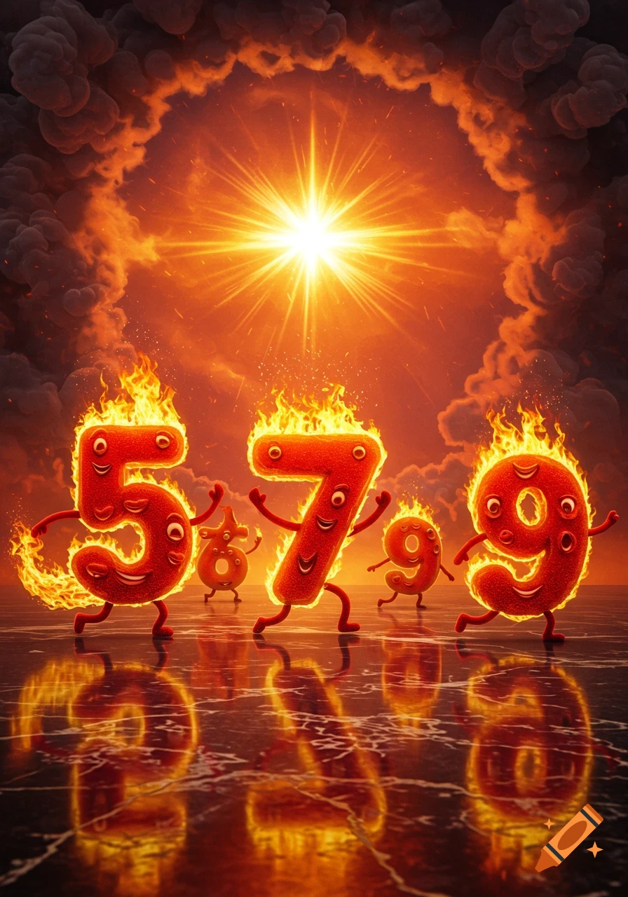 Anthropomorphic numbers 5, 7, and 9, engulfed in flames, run across a reflective surface towards a bright sunburst in a smoky, fiery sky.