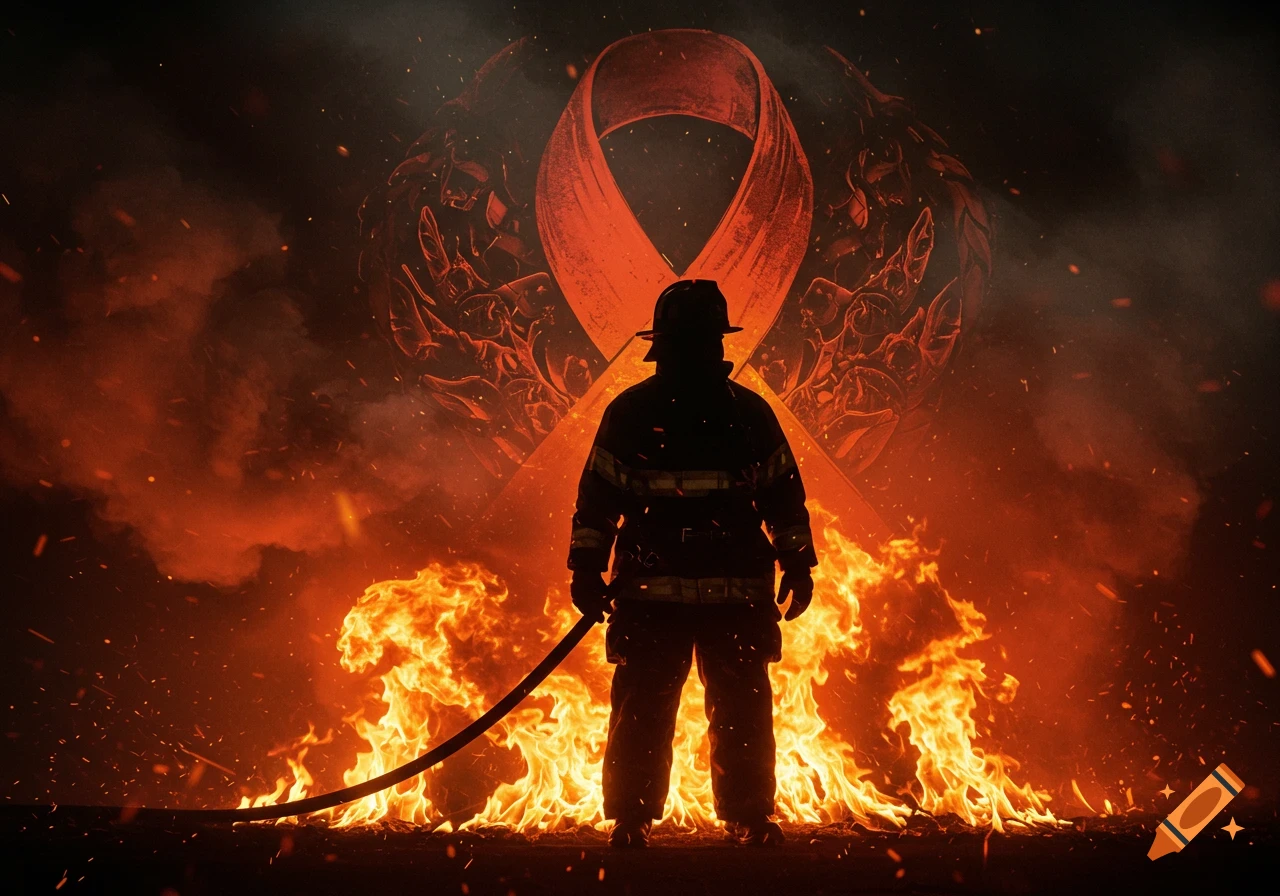 A silhouetted firefighter stands amidst roaring flames, facing a large red awareness ribbon with intricate designs behind them.