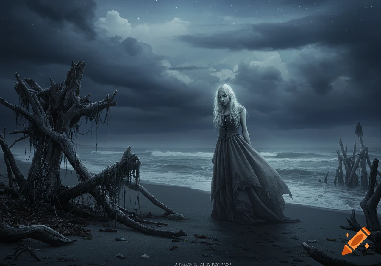 A pale woman with glowing eyes in a dark dress stands on a stormy gothic beach with driftwood.