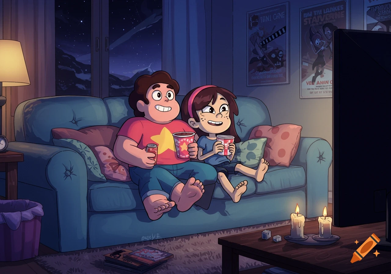 Steven Universe and Sid Chang happily watch a movie together on a teal couch at night, holding drinks and popcorn.