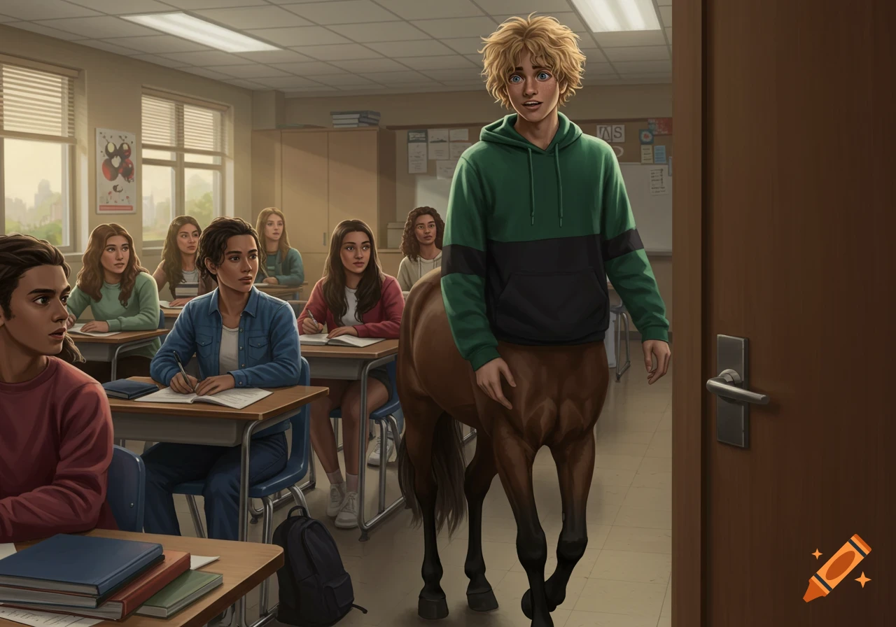 A male centaur with blond hair in a green hoodie enters a high school classroom, while other students stare in a realistic illustration.