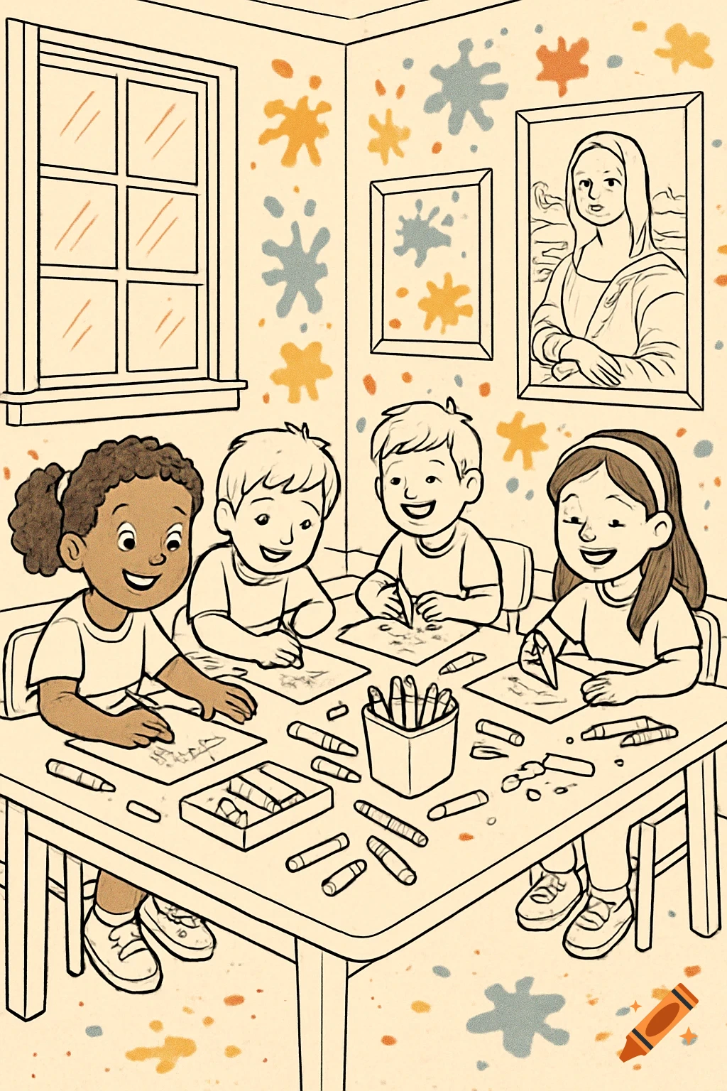 Four children in a classroom drawing at a table, in a line art coloring book style.