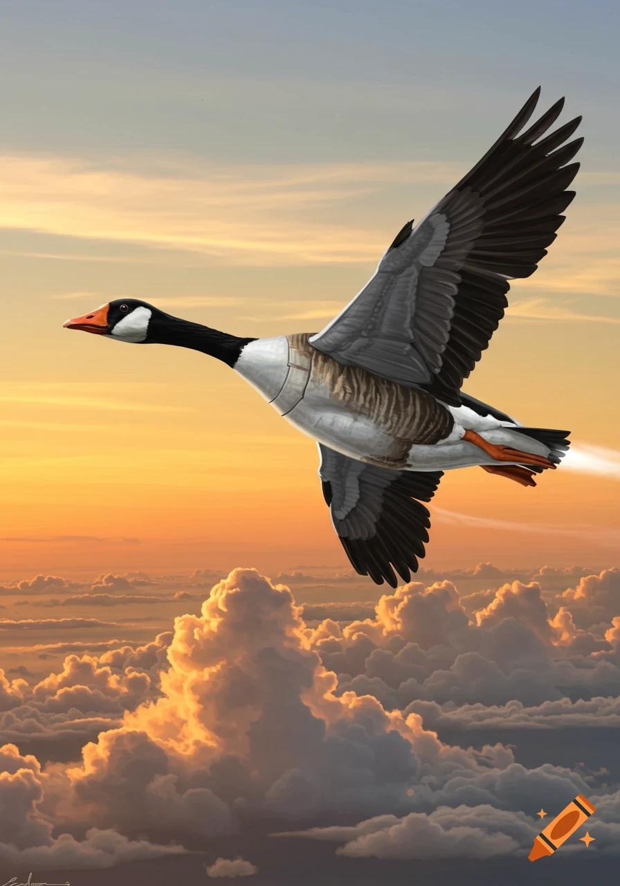A goose flying like a jet with a trail behind it, soaring above clouds during a sunset.