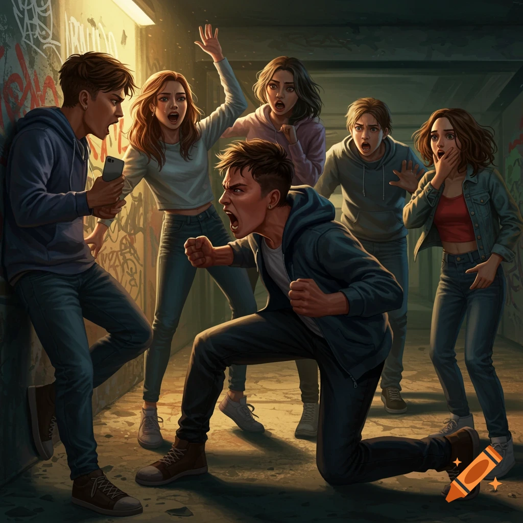 Six young adults in a tense, angry confrontation in a dimly lit, graffiti-covered urban alleyway, depicted in a semi-realistic illustration style.