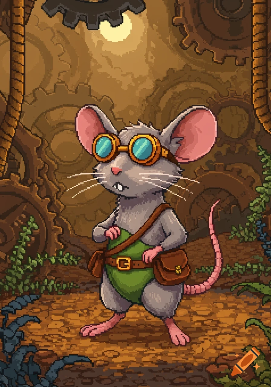 A pixel art mouse wearing goggles and a satchel in a steampunk setting with gears and machinery.