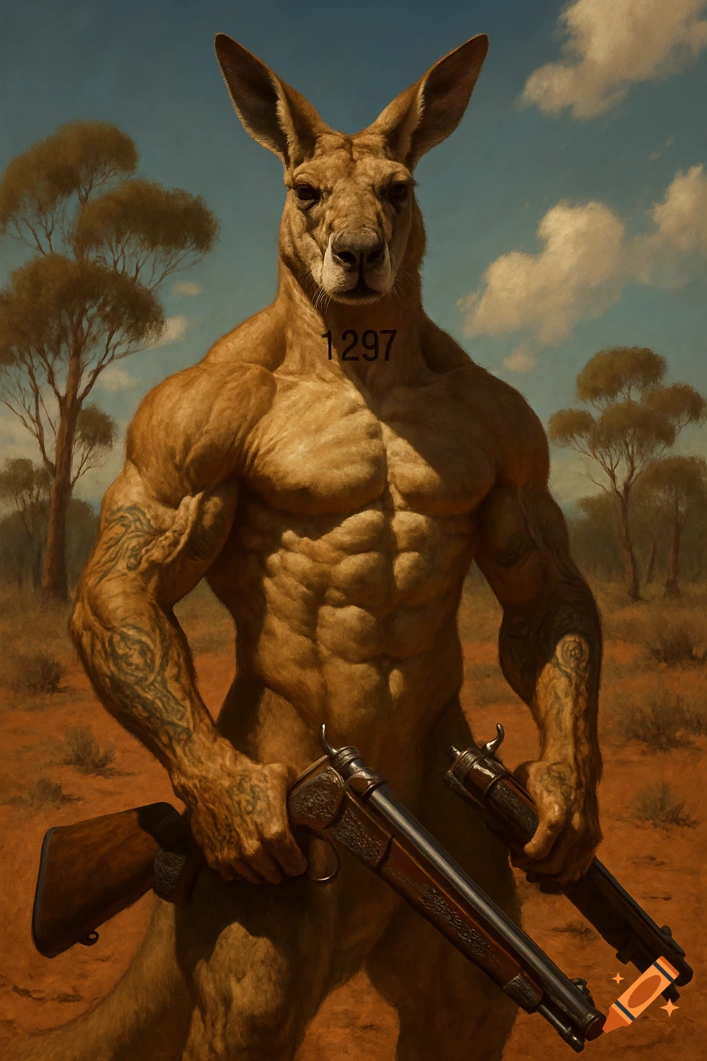 A muscular, anthropomorphic kangaroo stands in a desert landscape, holding two rifles.
