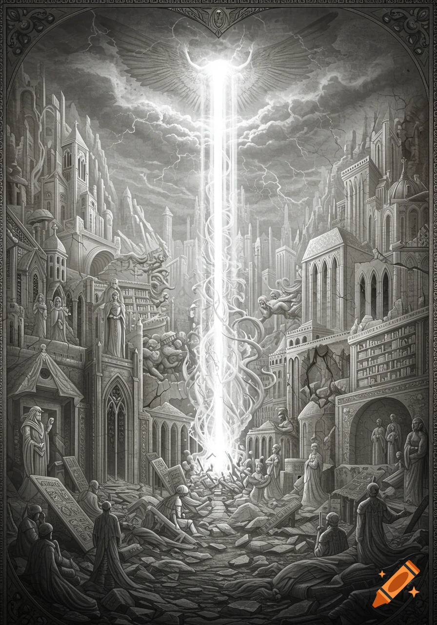 A detailed, monochrome illustration of a ruined ancient kingdom, with towering gothic architecture and a brilliant beam of light.
