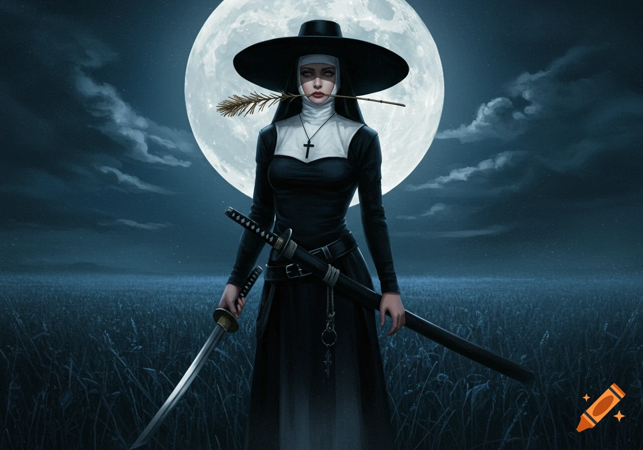 A nun-like woman in a wide-brimmed hat holds a katana in a moonlit field, a straw in her mouth, in a realistic digital painting.