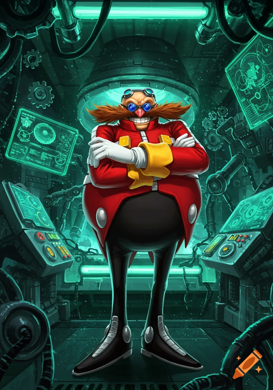 Dr. Eggman from Sonic the Hedgehog stands with arms crossed in a sci-fi lab with green glowing screens.