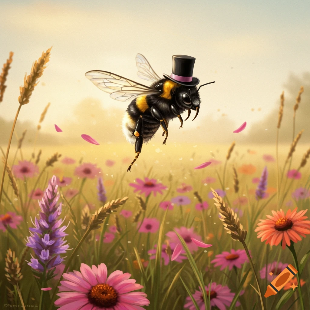 A whimsical bumblebee in a top hat flies over a vibrant field of pink and purple flowers.