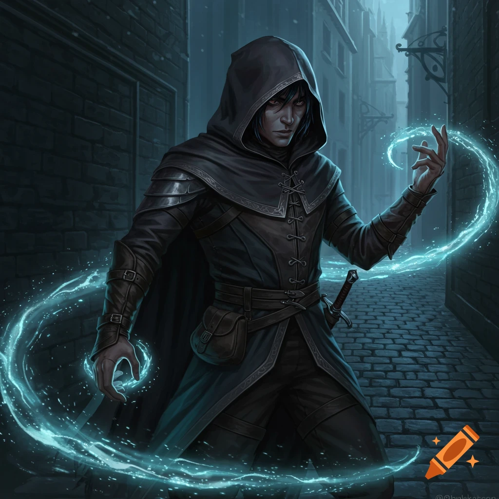 A dark fantasy image of a hooded rogue in a gloomy alley, surrounded by glowing blue magical energy.