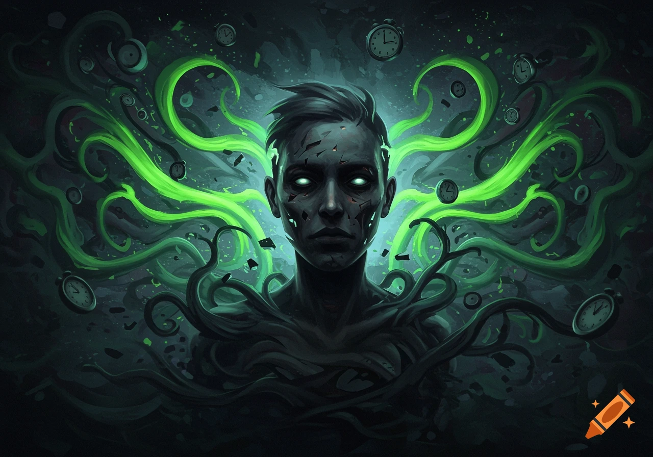 A dark, abstract digital painting of a person with glowing eyes and broken facial features, with green glowing tendrils and floating clocks in a dark background.