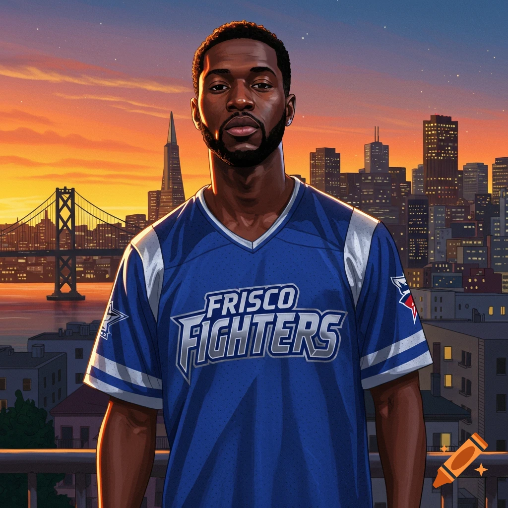 A Black man in a blue 'Frisco Fighters' jersey stands on a rooftop with the San Francisco skyline at sunset, illustrated.
