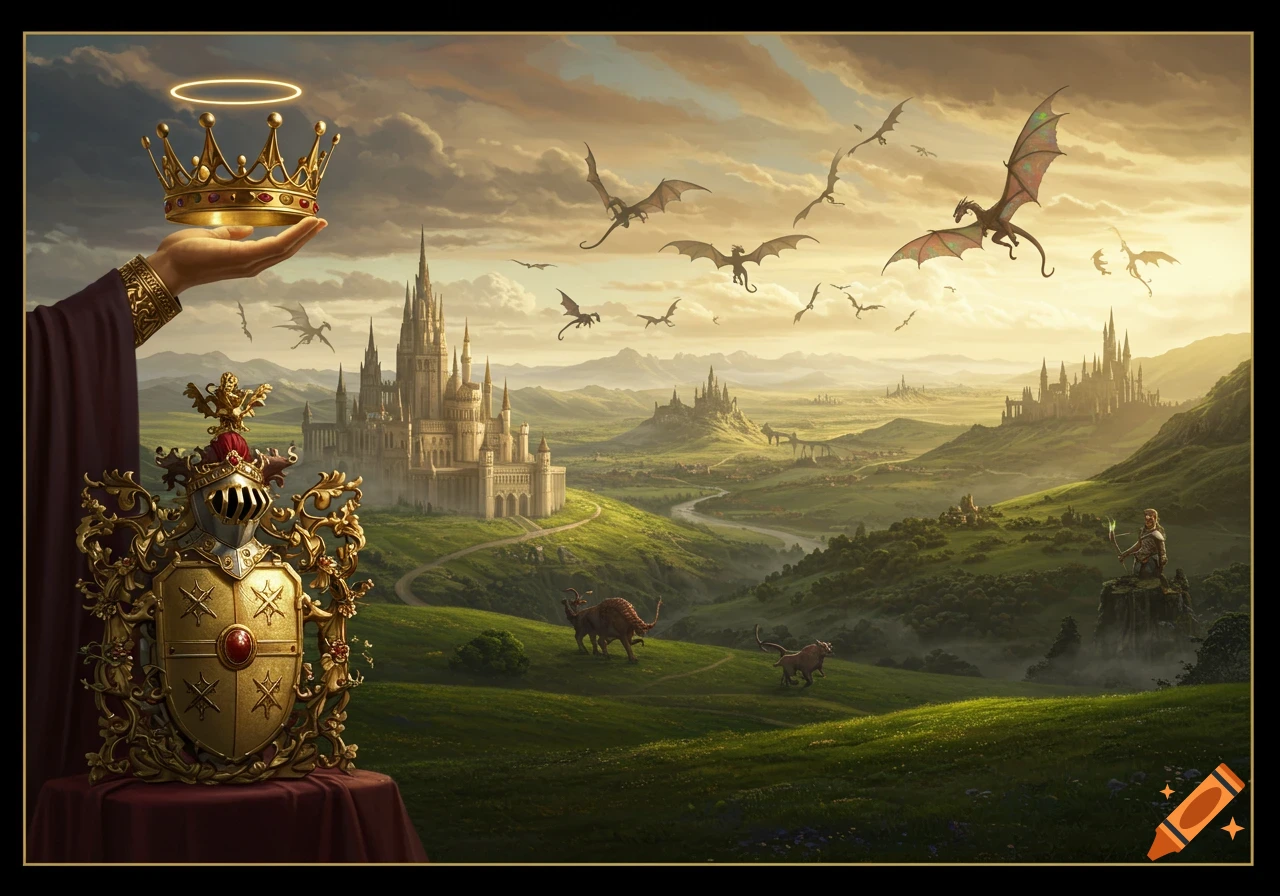 Concept art of a fantasy landscape with a hand holding a golden crown, an ornate coat of arms, a grand castle, and many dragons flying over rolling hills.