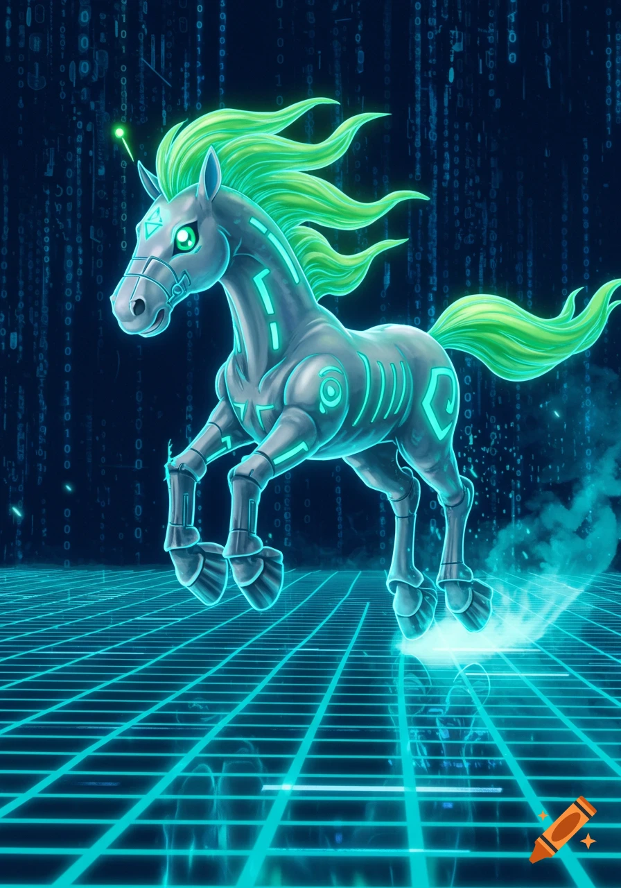 A futuristic cybernetic unicorn with a glowing green mane and tail stands on a neon grid, against a dark background of falling binary code.