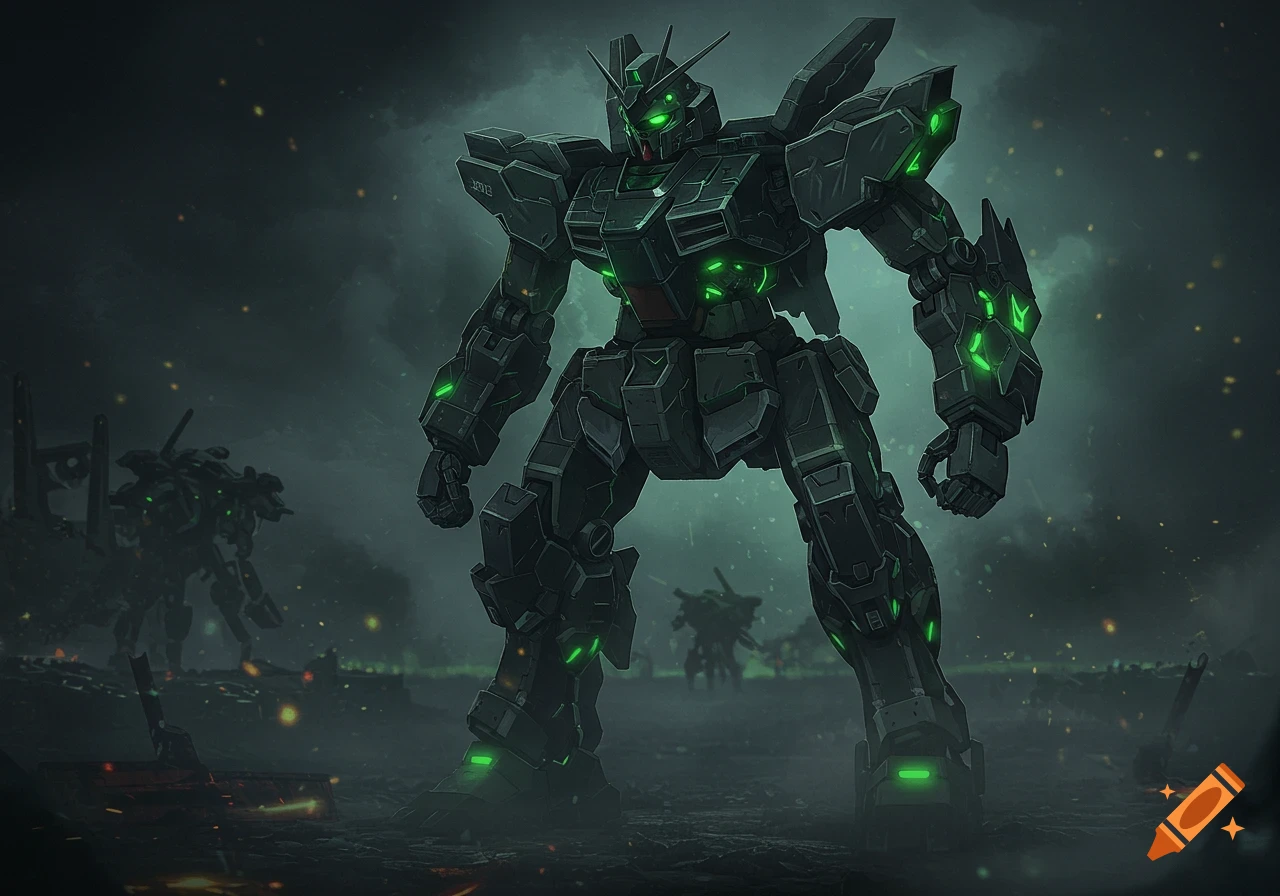A large, dark grey mecha with glowing green lights stands in a misty, dark landscape with other mechas in the background.