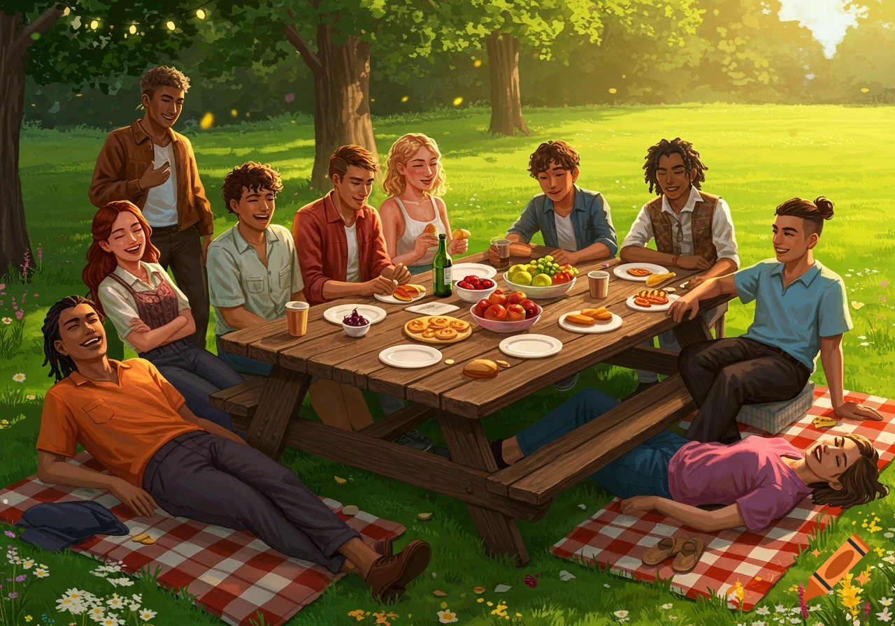 A diverse group of young adults enjoys a vibrant, sunny picnic in a grassy park, laughing and relaxing around a wooden table laden with food.