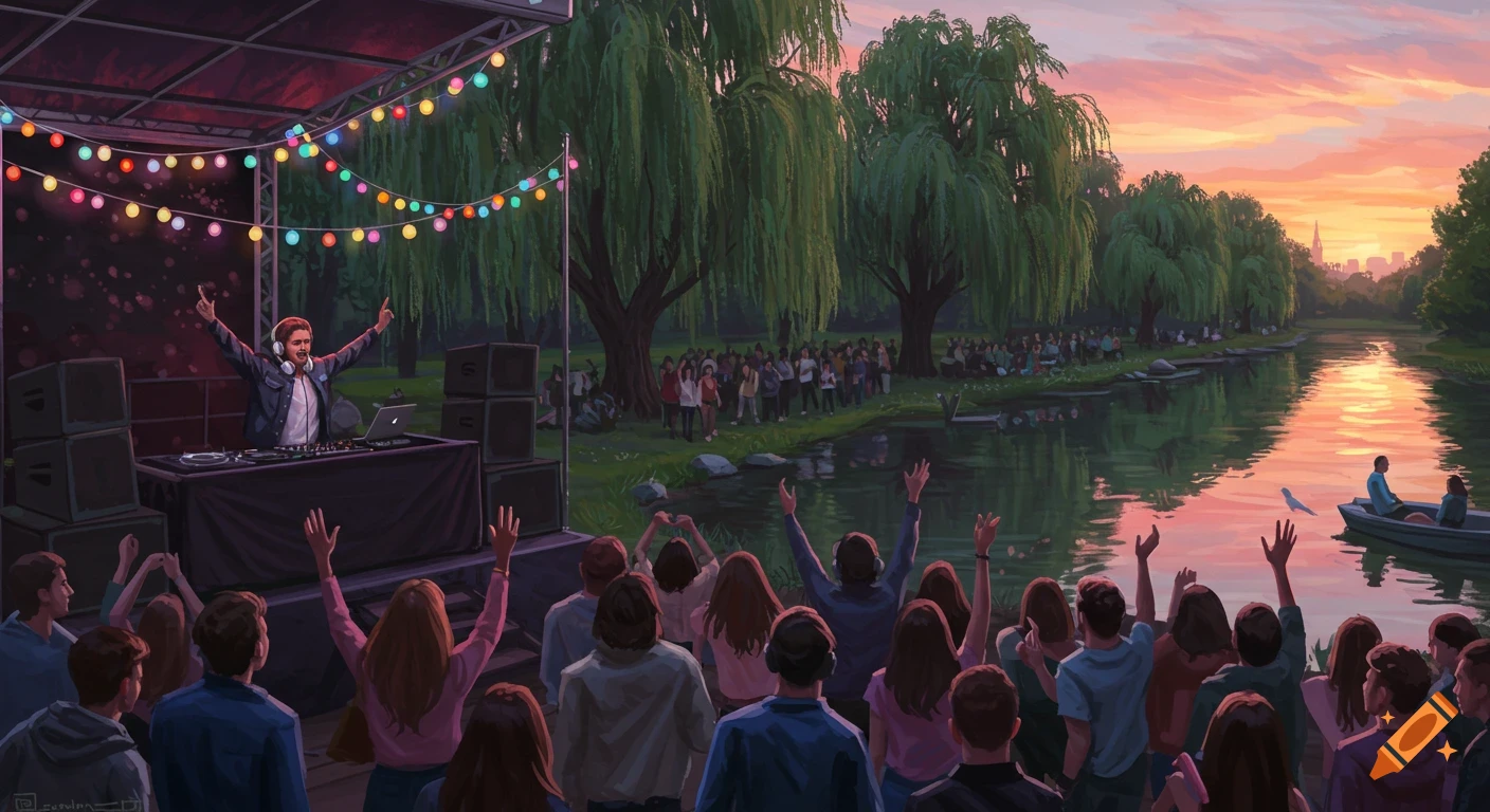 A DJ performs on a stage for a crowd at an outdoor concert in a park next to a river at sunset, in an illustrative style.