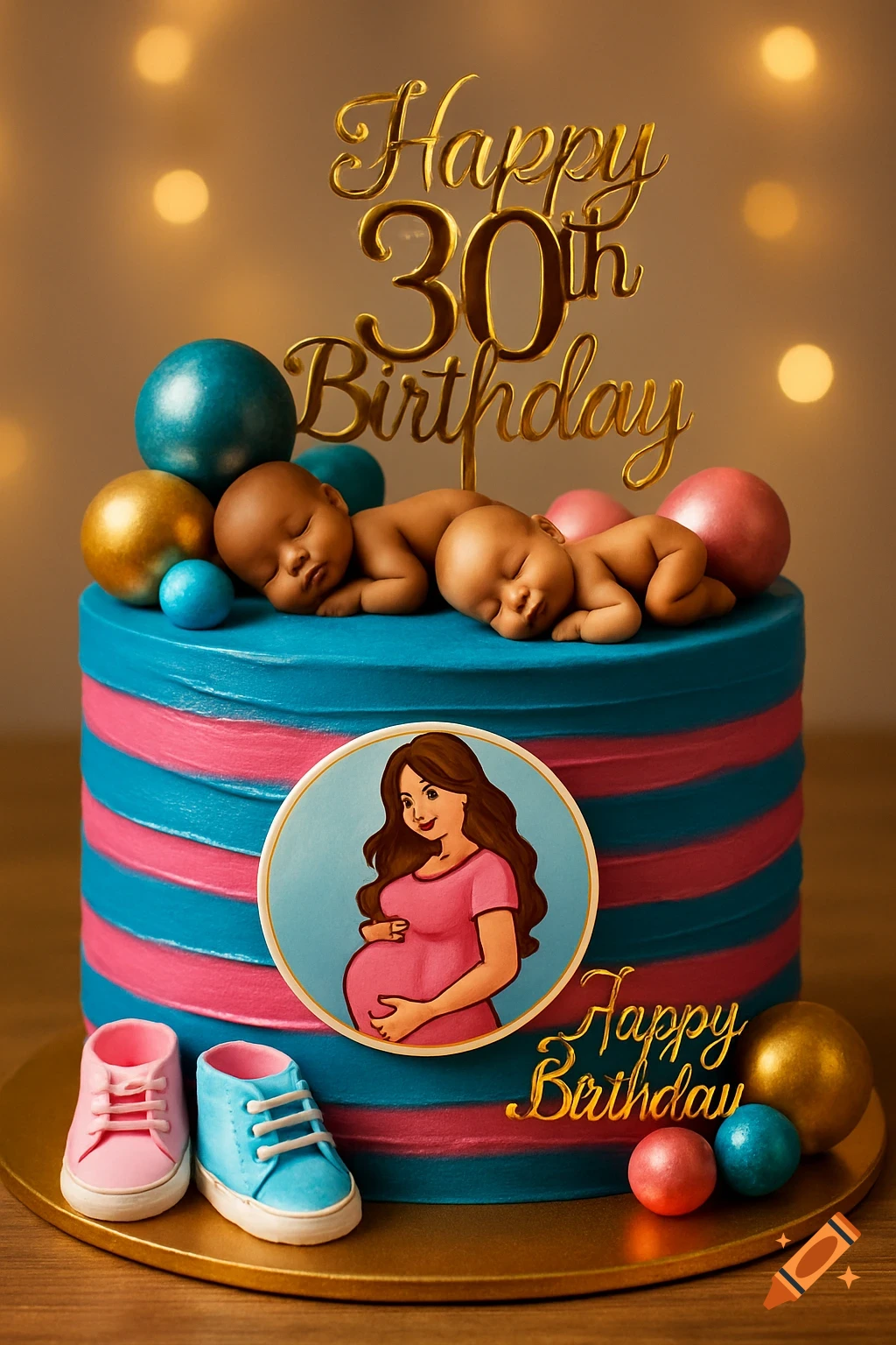 A blue and pink striped birthday cake with sleeping baby figures, a pregnant woman illustration, gold and blue spheres, and pink and blue baby shoes, with a 'Happy 30th Birthday' topper.