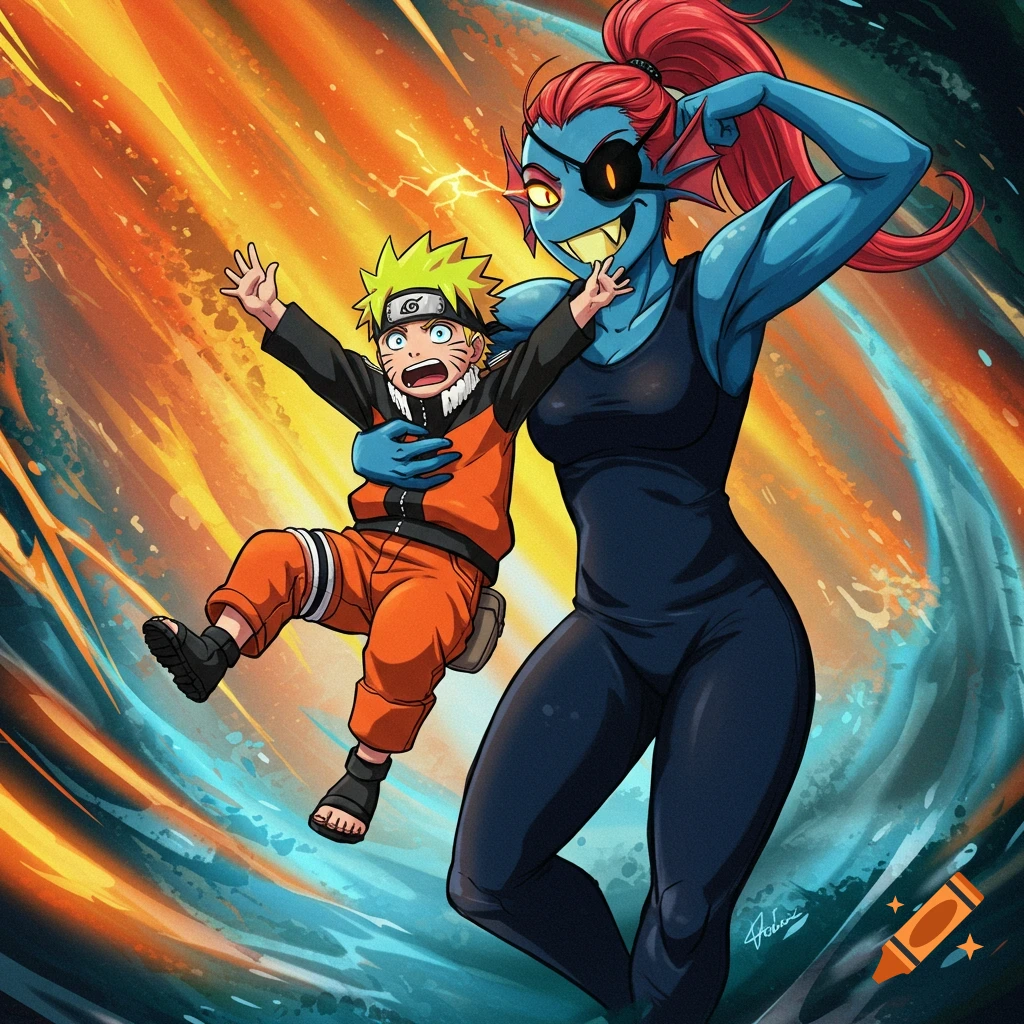 Anime style illustration of Undyne holding a scared young Naruto Uzumaki by his collar against an energetic orange and blue background.