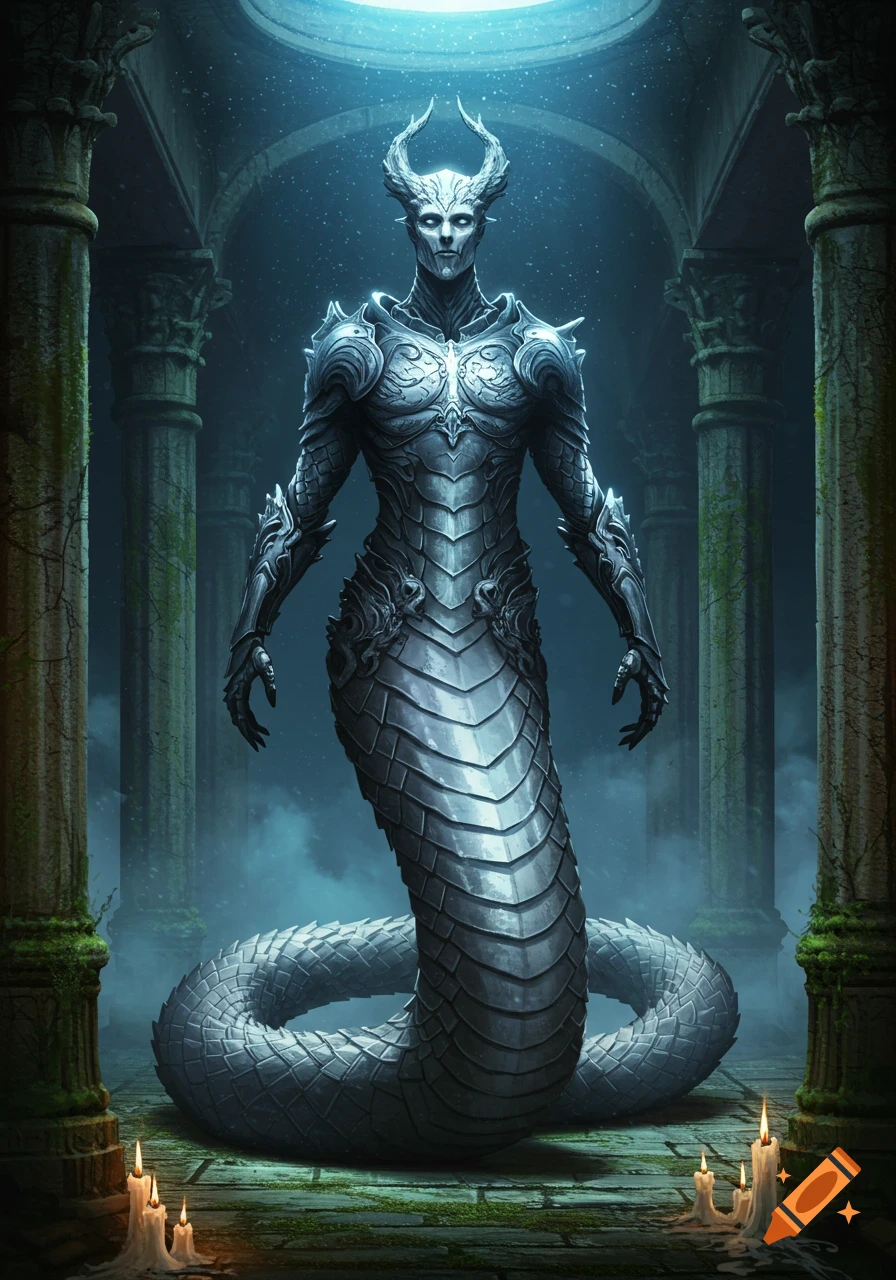 A tall snake-like man in ornate silver armor stands in ancient ruins with candles and a glowing light from above.
