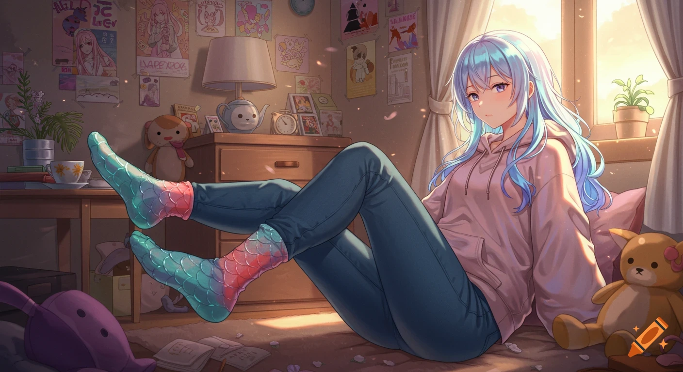 An anime girl with long blue hair, wearing a pink hoodie and jeans, sits on a rug in a sunlit room, displaying colorful mermaid-scale socks.