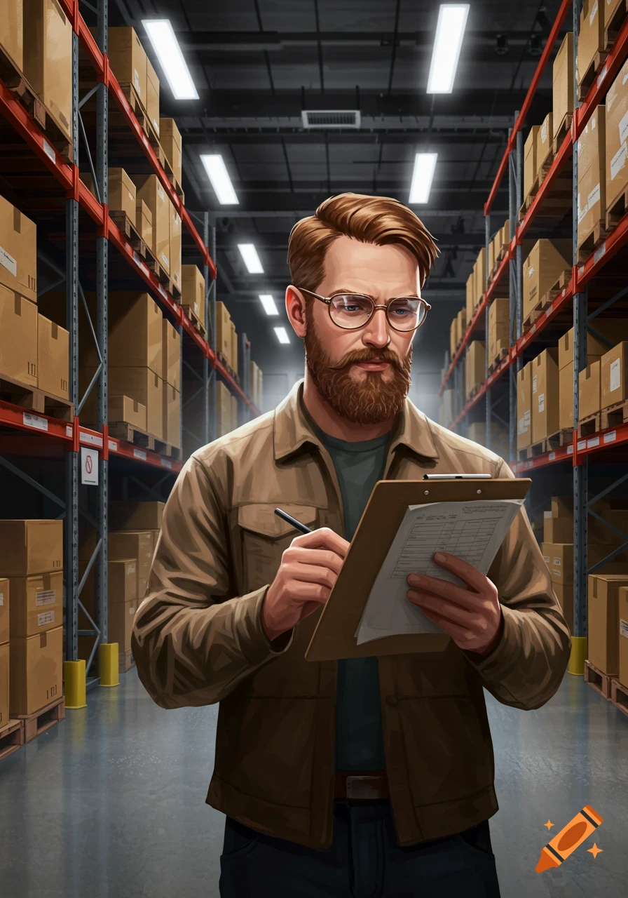 A bearded man with glasses holds a clipboard and pen in a detailed illustration of a warehouse.