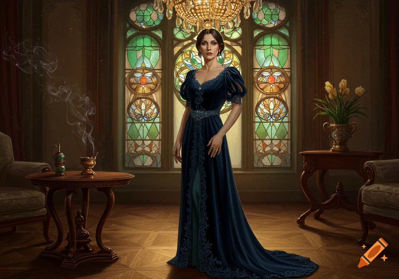 A woman in a dark blue gown stands in a lavish room with stained glass windows and a chandelier.
