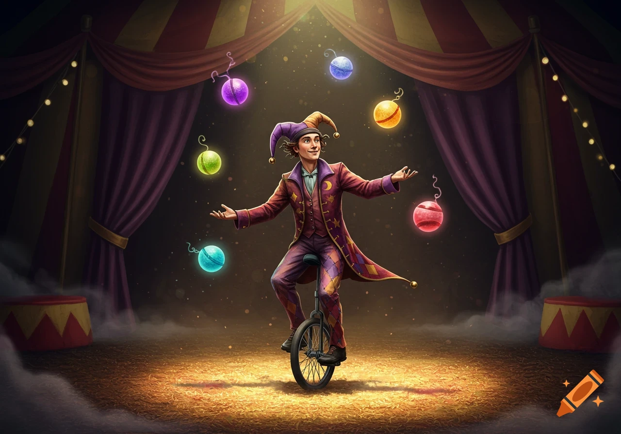 A jester in a colorful costume rides a unicycle and juggles glowing, ethereal balls under a spotlight in a circus tent.