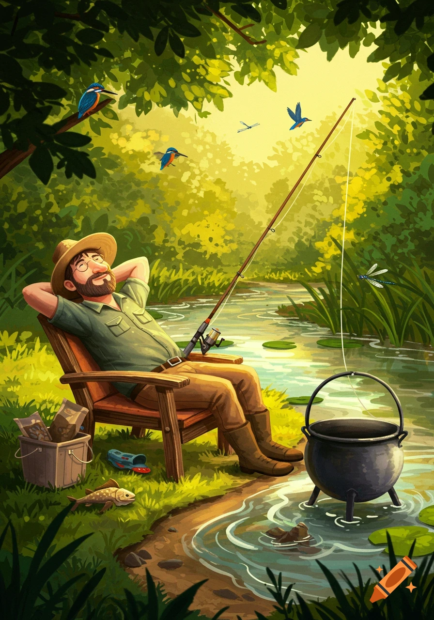 A bearded man in a hat relaxes in a chair by a sunny river, fishing, surrounded by birds and dragonflies.