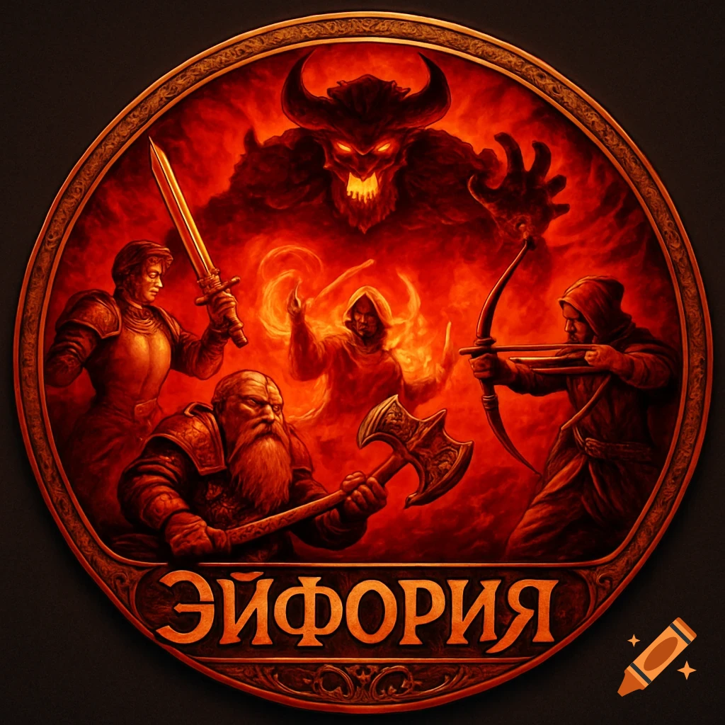 A circular, fiery red fantasy emblem depicting a warrior, mage, dwarf, and archer battling a horned demon-like monster, with the word "EUPHORIA" in Cyrillic at the bottom.