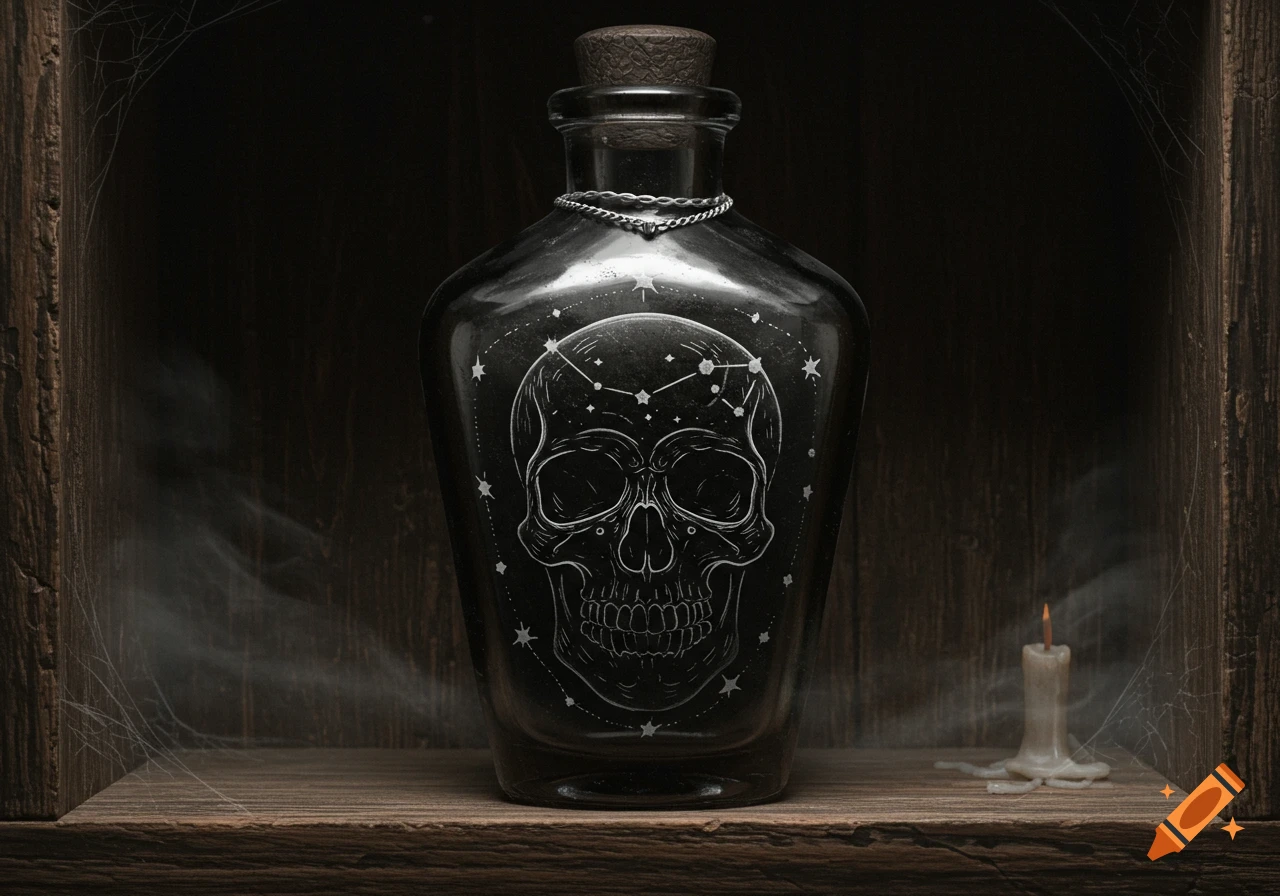 Dark glass bottle with skull and stars design on a wooden shelf, a lit candle and spiderwebs nearby.