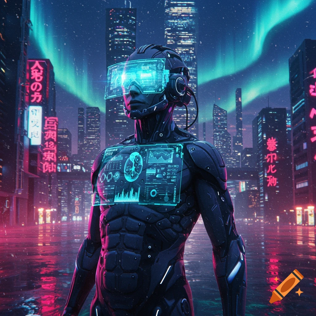A futuristic cyborg with glowing VR visor and chest display stands in a rainy cyberpunk city under a neon aurora borealis, sci-fi art.